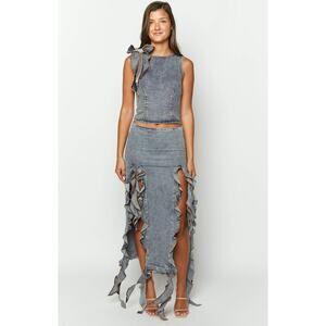 NWT Lioness Deconstructed Frayed Denim Maxi Skirt Size Medium Y2K Festival